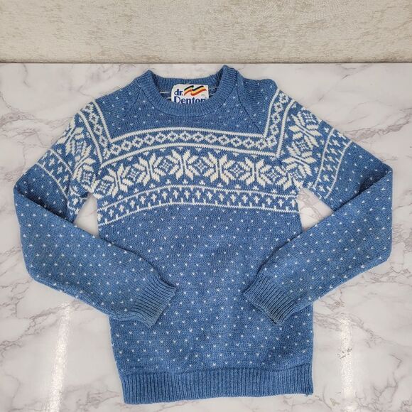 DR. Denton Vintage Kids Blue White Knit Sweater Fair Isle Winter Christmas - Picture 1 of 6